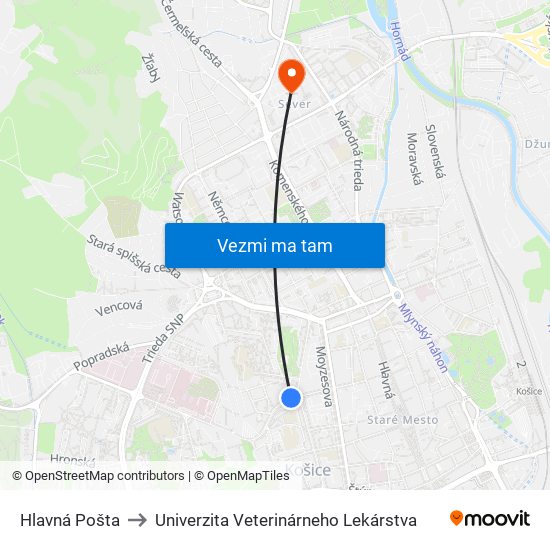 Hlavná Pošta to Univerzita Veterinárneho Lekárstva map