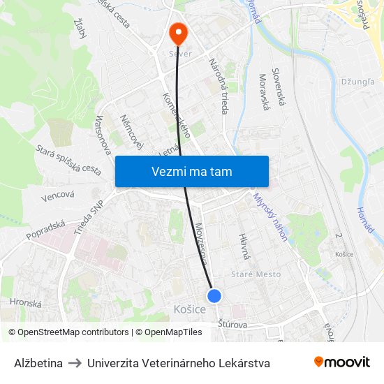 Alžbetina to Univerzita Veterinárneho Lekárstva map