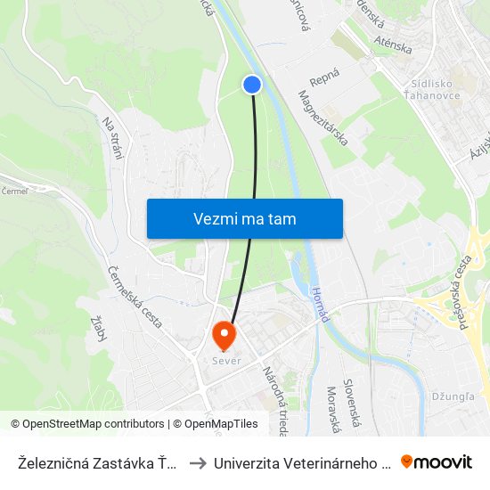 Železničná Zastávka Ťahanovce to Univerzita Veterinárneho Lekárstva map