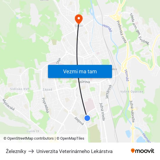 Železníky to Univerzita Veterinárneho Lekárstva map