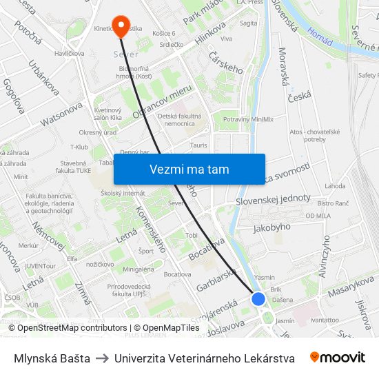 Mlynská Bašta to Univerzita Veterinárneho Lekárstva map