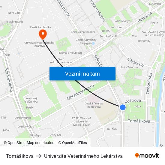 Tomášikova to Univerzita Veterinárneho Lekárstva map