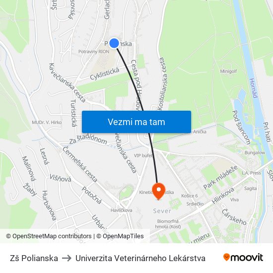 Zš Polianska to Univerzita Veterinárneho Lekárstva map