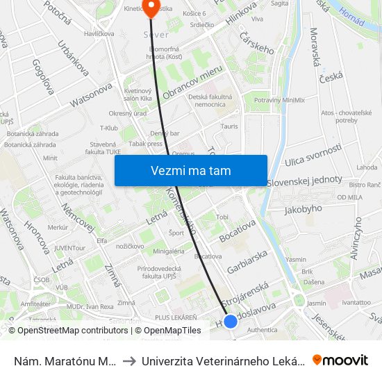 Nám. Maratónu Mieru to Univerzita Veterinárneho Lekárstva map