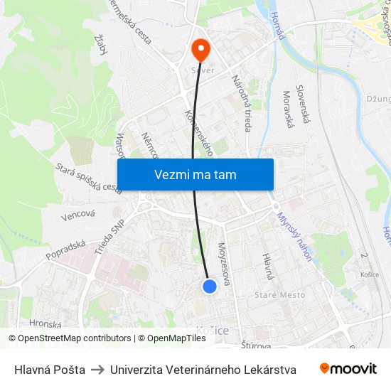 Hlavná Pošta to Univerzita Veterinárneho Lekárstva map