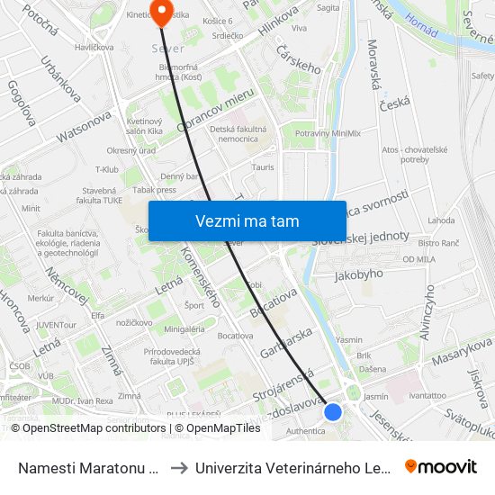 Namesti Maratonu Mieru to Univerzita Veterinárneho Lekárstva map