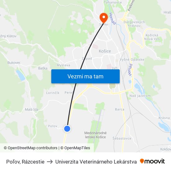 Poľov, Rázcestie to Univerzita Veterinárneho Lekárstva map