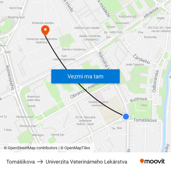 Tomášikova to Univerzita Veterinárneho Lekárstva map