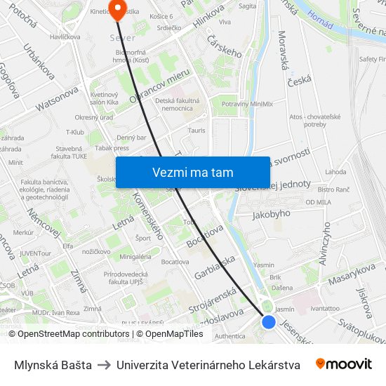 Mlynská Bašta to Univerzita Veterinárneho Lekárstva map