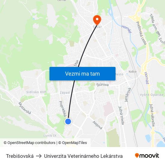 Trebišovská to Univerzita Veterinárneho Lekárstva map