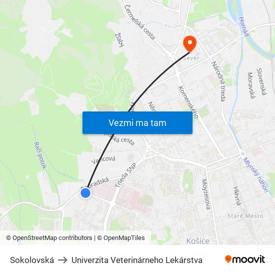 Sokolovská to Univerzita Veterinárneho Lekárstva map