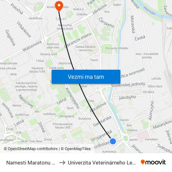 Namesti Maratonu Mieru to Univerzita Veterinárneho Lekárstva map