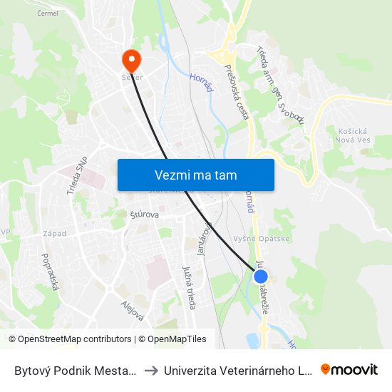 Bytový Podnik Mesta Košice to Univerzita Veterinárneho Lekárstva map