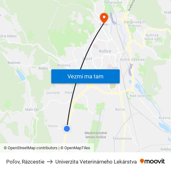 Poľov, Rázcestie to Univerzita Veterinárneho Lekárstva map