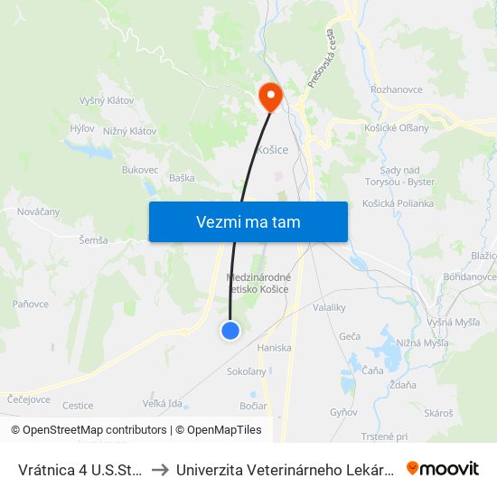 Vrátnica 4 U.S.Steel to Univerzita Veterinárneho Lekárstva map