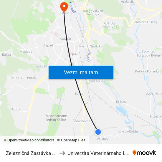 Železničná Zastávka Valaliky to Univerzita Veterinárneho Lekárstva map