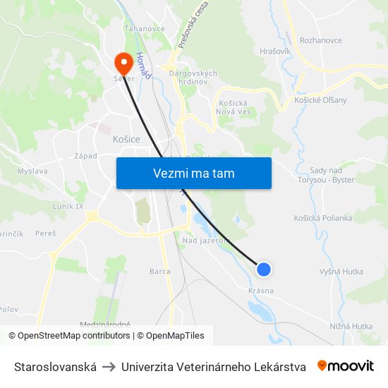 Staroslovanská to Univerzita Veterinárneho Lekárstva map