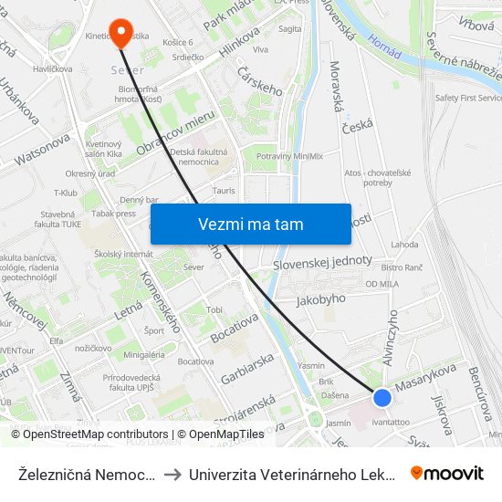 Železničná Nemocnica to Univerzita Veterinárneho Lekárstva map