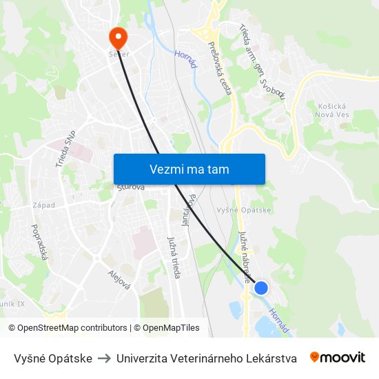 Vyšné Opátske to Univerzita Veterinárneho Lekárstva map