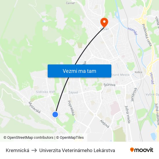 Kremnická to Univerzita Veterinárneho Lekárstva map