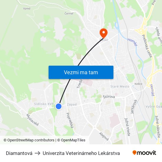 Diamantová to Univerzita Veterinárneho Lekárstva map