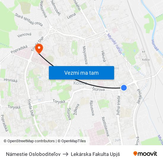 Námestie Osloboditeľov to Lekárska Fakulta Upjš map