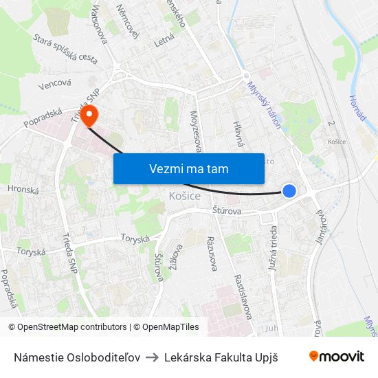 Námestie Osloboditeľov to Lekárska Fakulta Upjš map