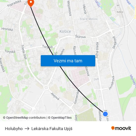 Holubyho to Lekárska Fakulta Upjš map