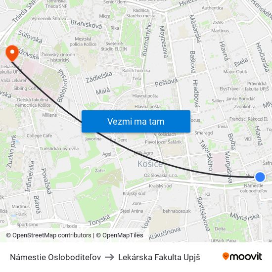 Námestie Osloboditeľov to Lekárska Fakulta Upjš map