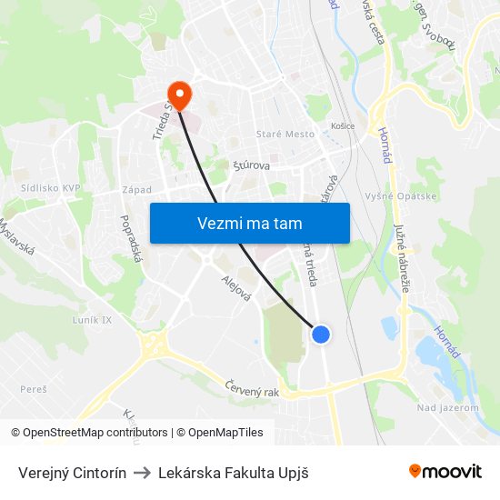 Verejný Cintorín to Lekárska Fakulta Upjš map