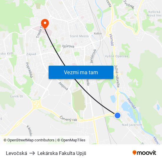 Levočská to Lekárska Fakulta Upjš map