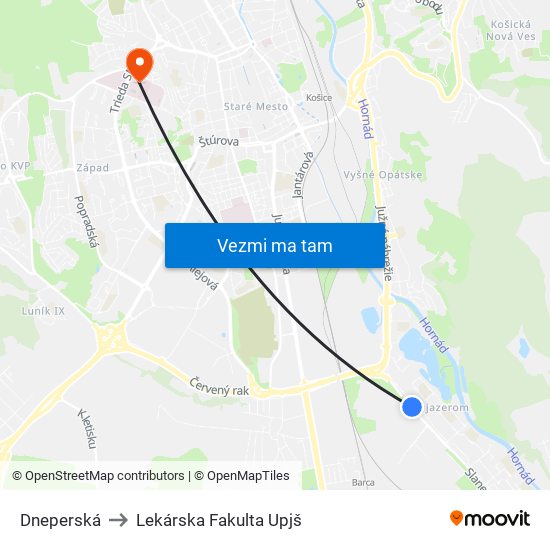 Dneperská to Lekárska Fakulta Upjš map