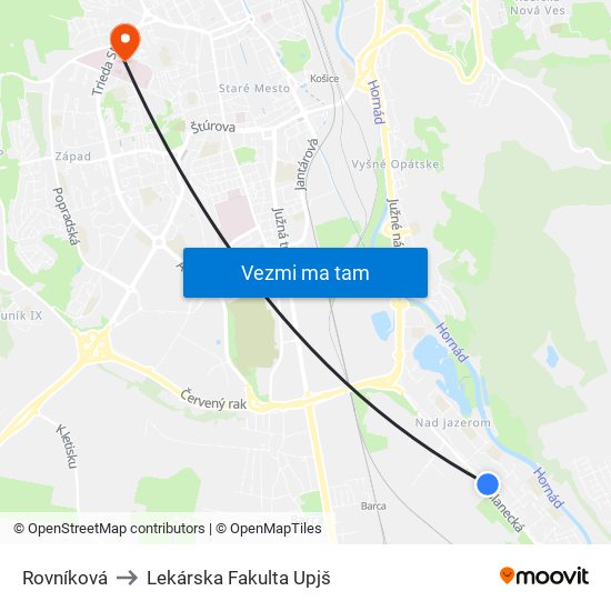 Rovníková to Lekárska Fakulta Upjš map