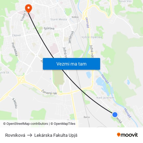 Rovníková to Lekárska Fakulta Upjš map