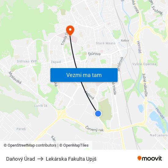 Daňový Úrad to Lekárska Fakulta Upjš map
