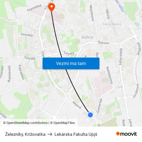 Železníky, Križovatka to Lekárska Fakulta Upjš map