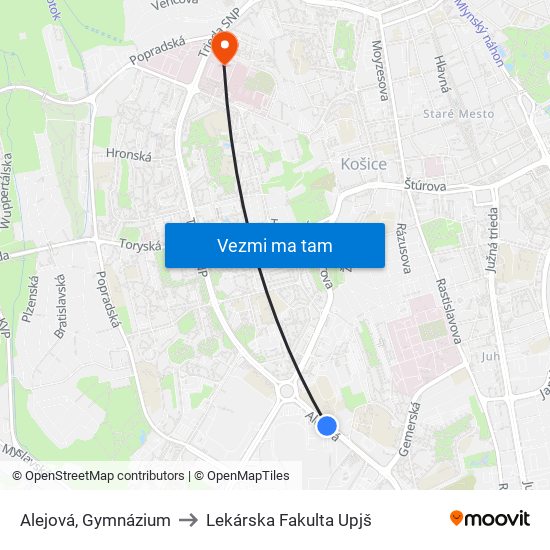 Alejová, Gymnázium to Lekárska Fakulta Upjš map