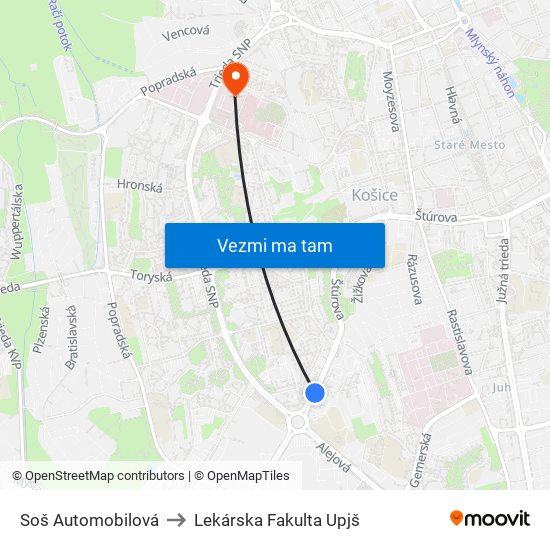 Soš Automobilová to Lekárska Fakulta Upjš map