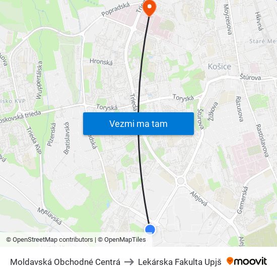 Moldavská Obchodné Centrá to Lekárska Fakulta Upjš map