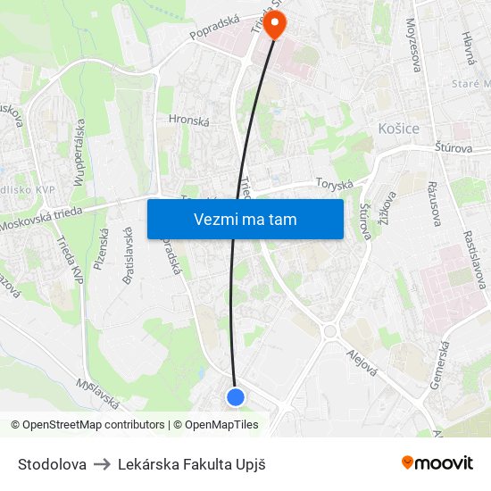 Stodolova to Lekárska Fakulta Upjš map