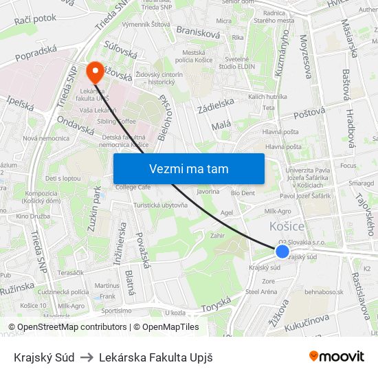 Krajský Súd to Lekárska Fakulta Upjš map