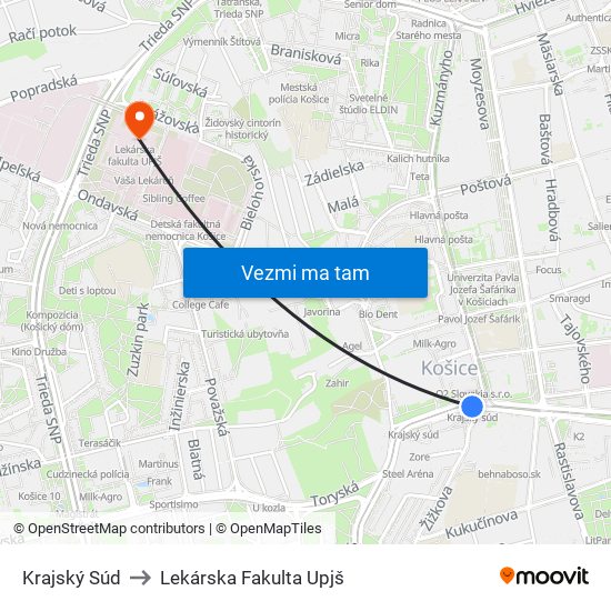 Krajský Súd to Lekárska Fakulta Upjš map