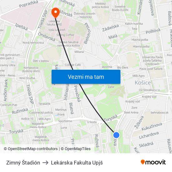 Zimný Štadión to Lekárska Fakulta Upjš map