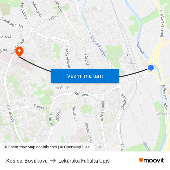 Košice, Bosákova to Lekárska Fakulta Upjš map