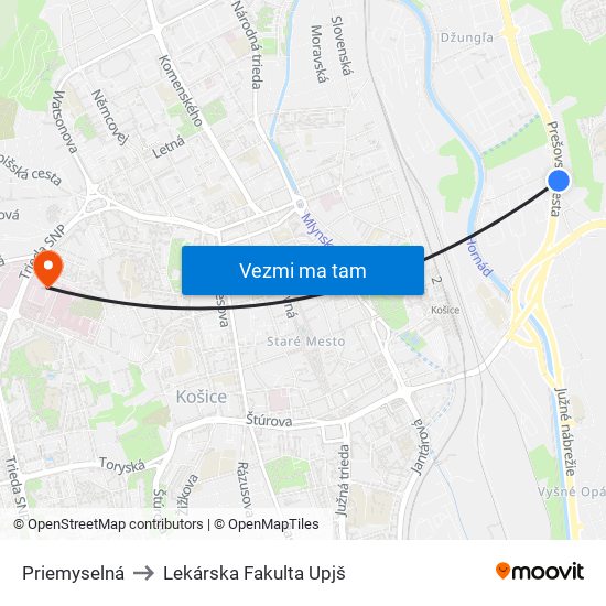 Priemyselná to Lekárska Fakulta Upjš map