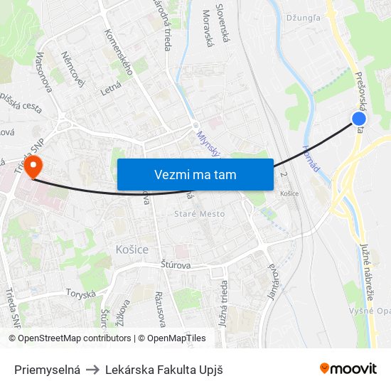 Priemyselná to Lekárska Fakulta Upjš map