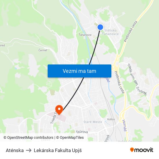 Aténska to Lekárska Fakulta Upjš map