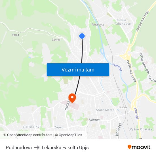 Podhradová to Lekárska Fakulta Upjš map