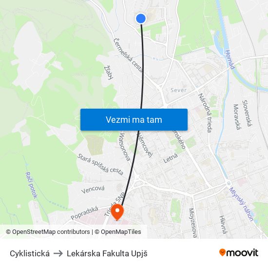 Cyklistická to Lekárska Fakulta Upjš map