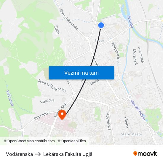 Vodárenská to Lekárska Fakulta Upjš map